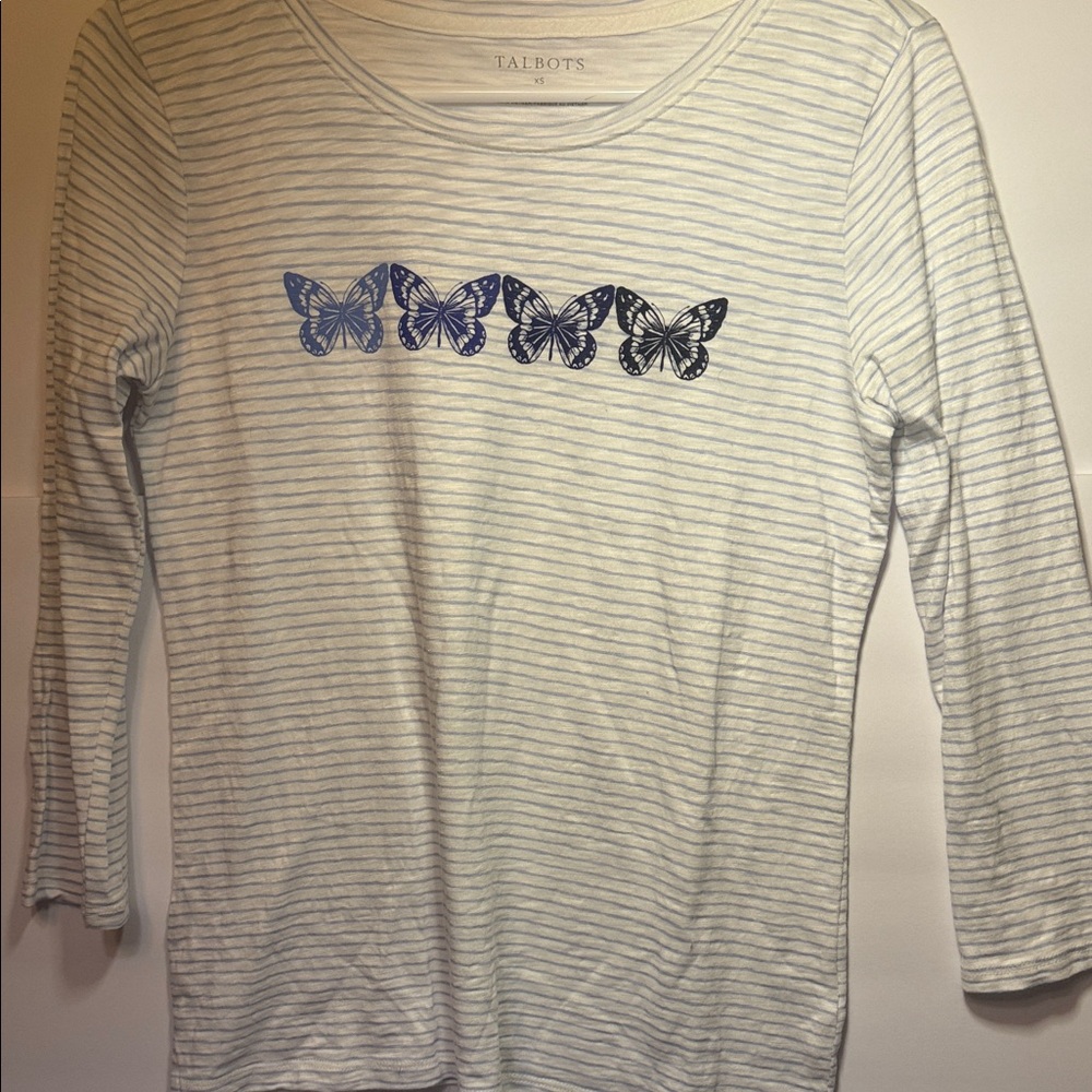 Talbots White and Blue Striped Long Sleeve Tee with Butterfly Row XS Pre Owned